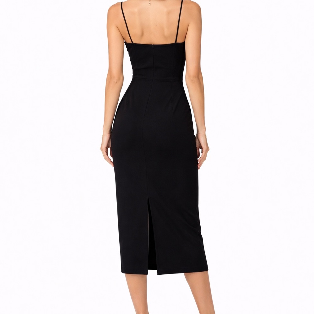Black Midi Dress with Ivory Rose Detail Spaghetti Strap Elegant Bodycon - Picture 4 of 6